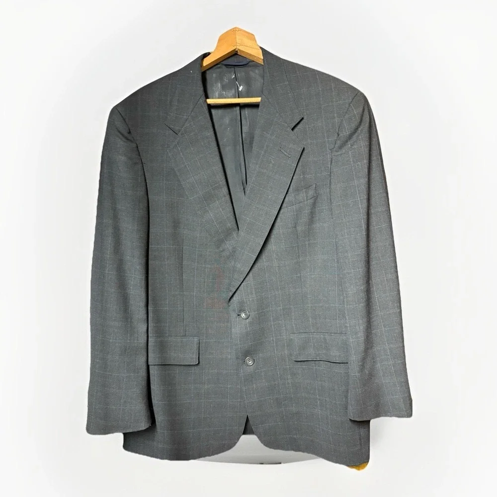 Austin Reed Blazer Suit Jacket 2 Btn Wool Gray Windowpane Plaid Tailored 44R